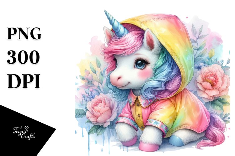 Colorful Baby Unicorn in Raincoat, PNG example image 1