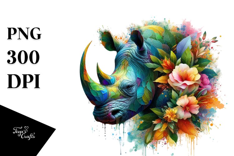 Vibrant Watercolor Rhino with Flowers example image 1