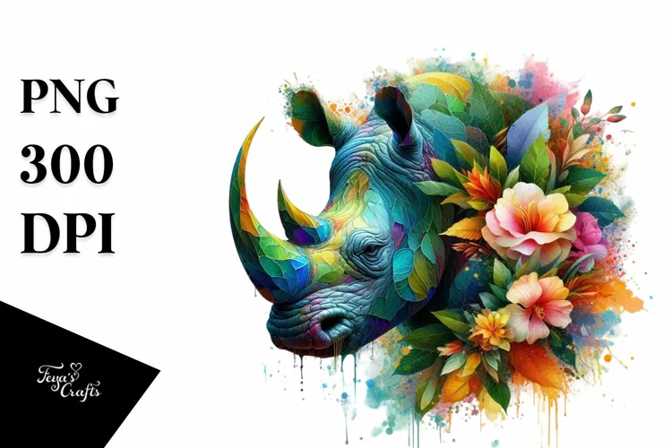 Vibrant Watercolor Rhino with Flowers