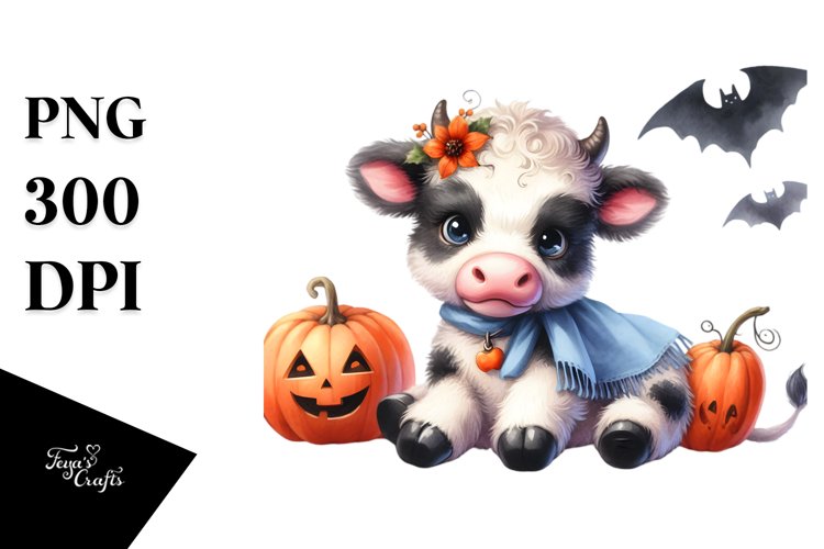 Cute Cow in Halloween Scene Sublimation Clipart