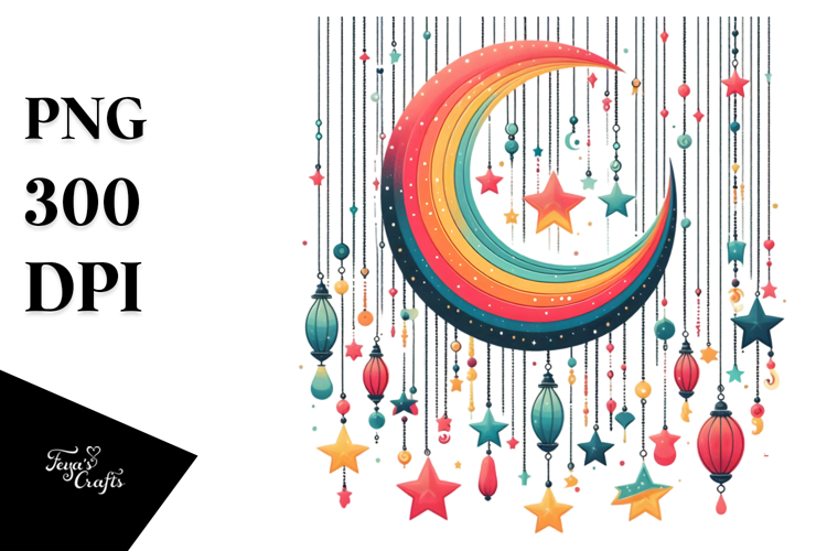 Retro Colorful Half Moon with Hanging Stars, Transparent PNG