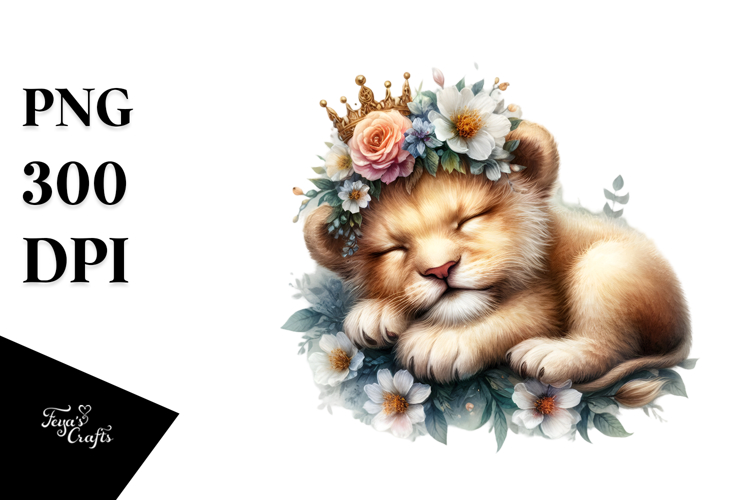 Digital Watercolor with Adorned Baby Lion on Flower