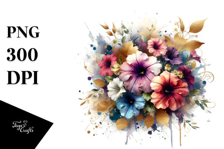 Watercolor Abstract Vibrant Bouquet with Petunia and Splash