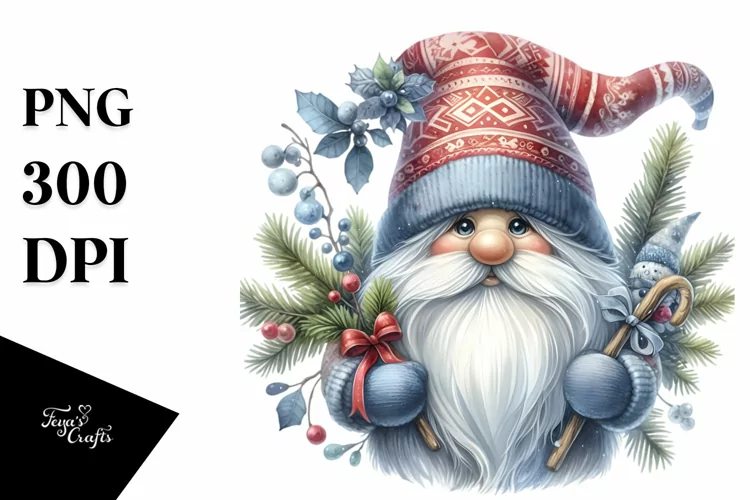 Detailed Winter Gnome Watercolor PNG