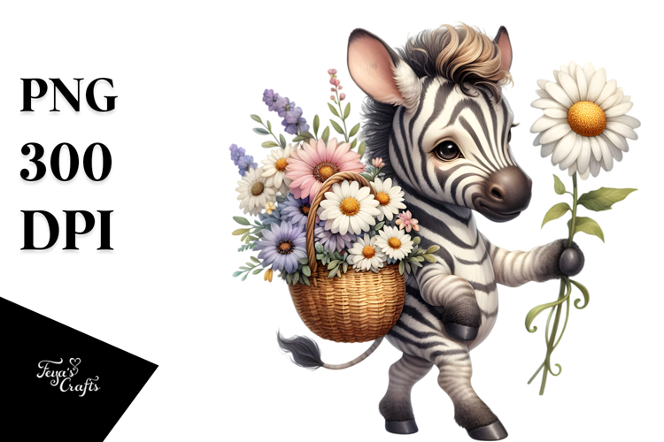 Watercolor Detailed Cute Baby Zebra Holding Basket of