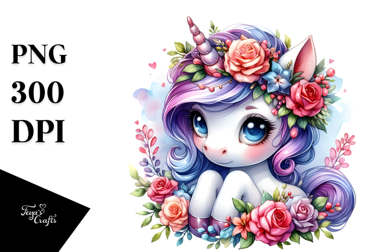 Cute Unicorn with Floral Wreath PNG