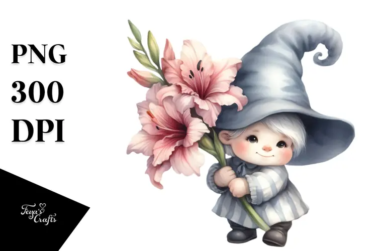 Watercolor Cute Baby Gnome with Gladiolus PNG