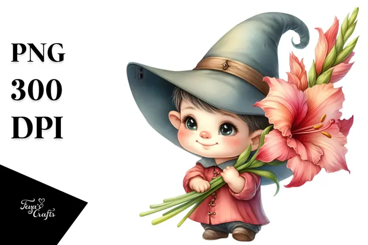 Watercolor Cute Baby Gnome with Gladiolus PNG