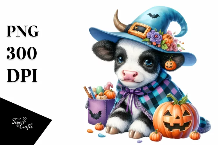 Watercolor Baby Cow Dressed for Halloween |