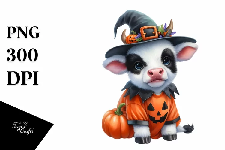 Watercolor Baby Cow Dressed for Halloween |
