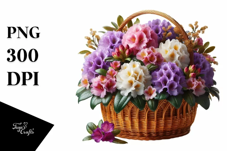 Shiny Basket with Large Rhododendron | Sublimation,Clipart