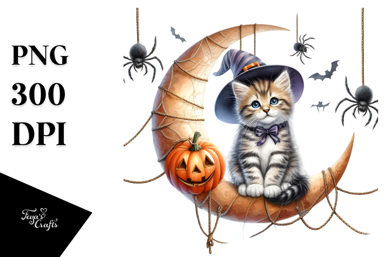 Kitten Dressed for Halloween on Half Moon PNG