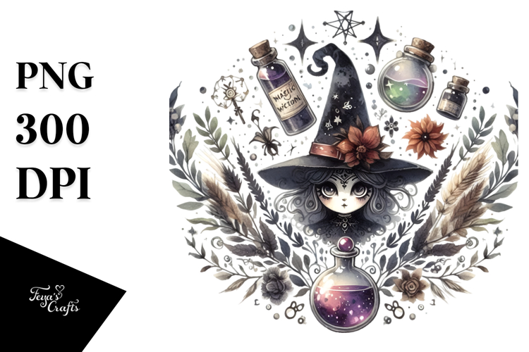 Washed Watercolor Gothic Quirky Witch, Transparent PNG