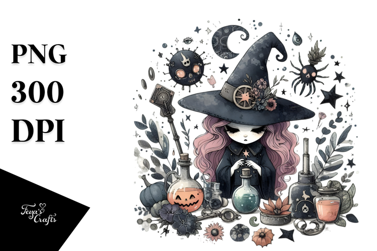 Washed Watercolor Gothic Quirky Witch, Transparent PNG