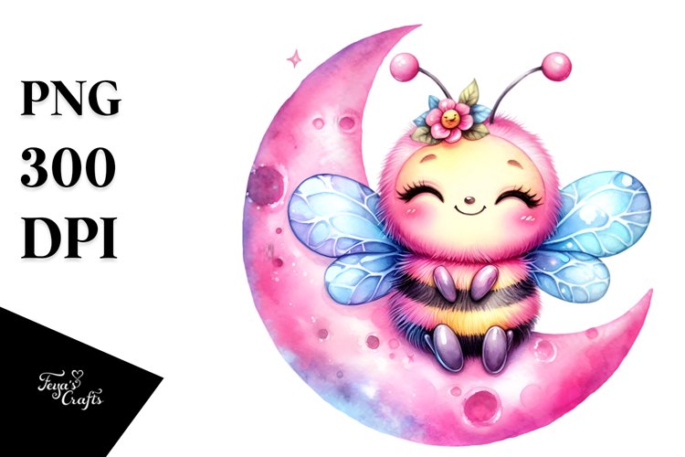 Smiling Baby Bee on Half Moon PNG