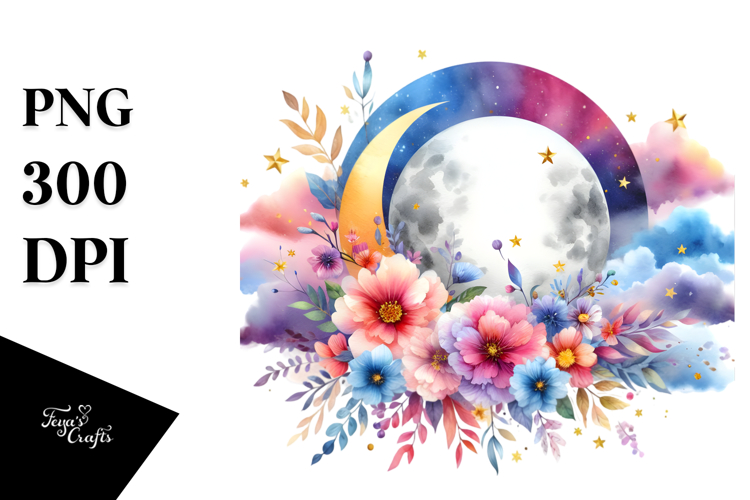 Wimsical Moon with Flowers and Cloud | Sublimation | Clipart