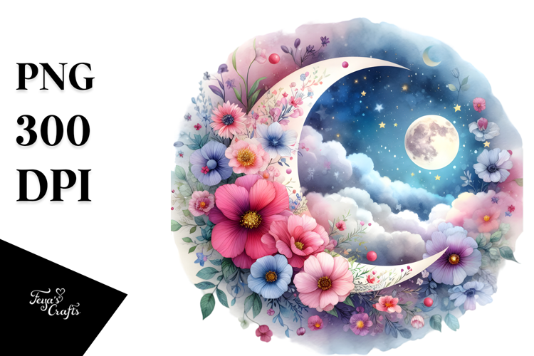 Wimsical Moon with Flowers and Clouds | Sublimation |