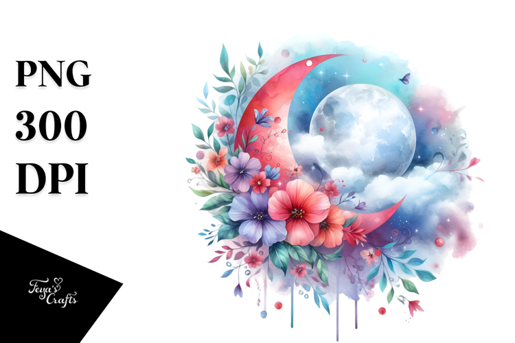 Wimsical Moon with Flowers | Watercolor Clipart