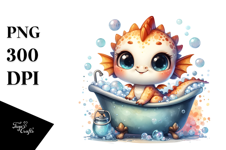Cute Baby Dragon in Bath Tub, High-Res PNG