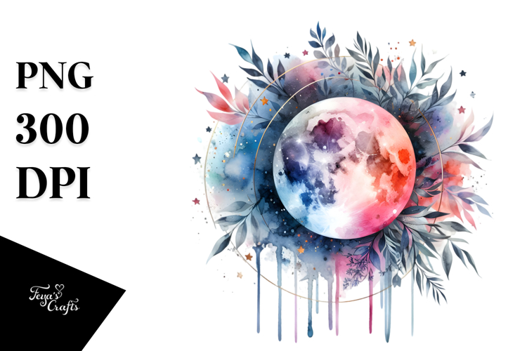 Vibrant Watercolor Abstract Moon Clipart