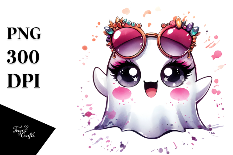 Funny Chibi-Style Cute Ghost with Glam Accessories PNG