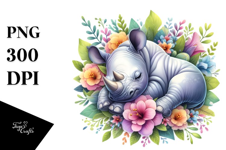 Colorful Sleeping Baby Rhino Watercolor