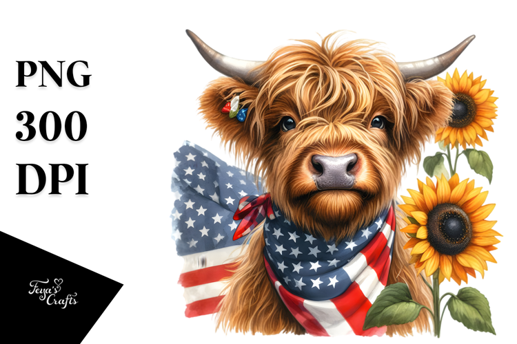 Watercolor Highland Cow USA Flag