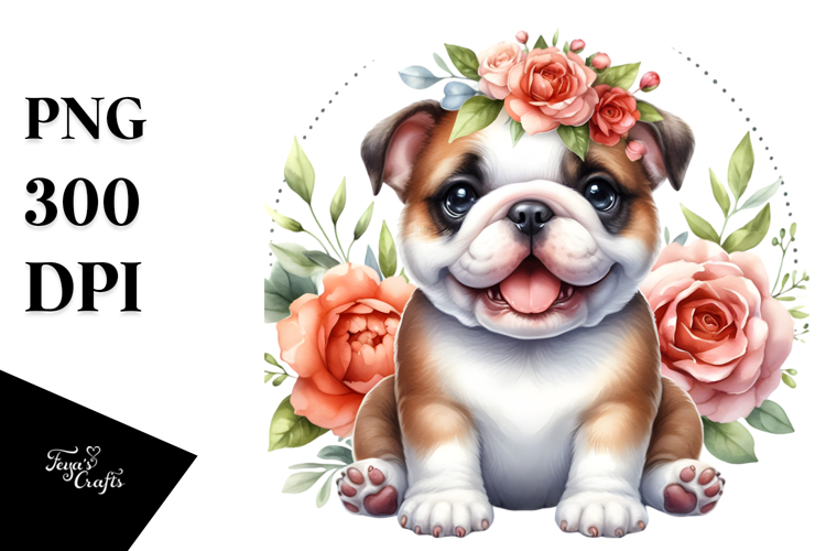 Cute Sitting Bulldog with Floral Frame | Sublimation |