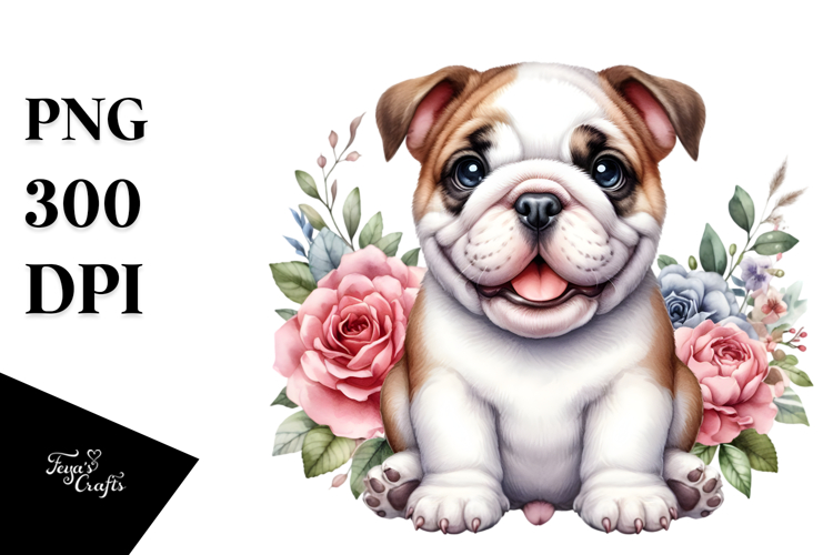 Cute Sitting Bulldog with Floral Frame | Sublimation |