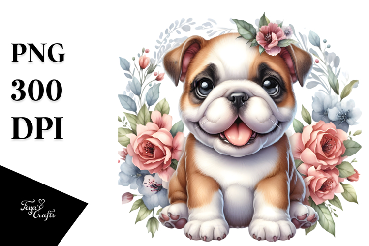Cute Sitting Bulldog with Floral Frame | Sublimation |