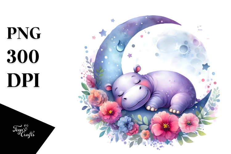 Vibrant Watercolor Hippo Sleeping on the Moon with Flowers