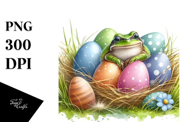 Digital Watercolor Cute Baby Frog Easter Eggs PNG