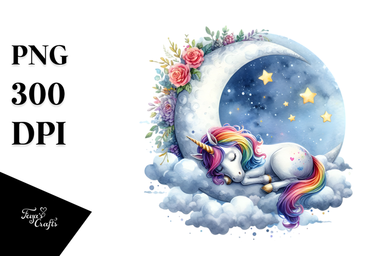Unicorn Napping on a Moon | Watercolor Clipart