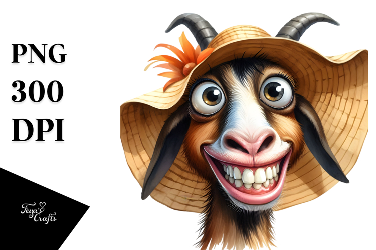 Watercolor Funny Horse Goat with Sun Hat, Transparent PNG