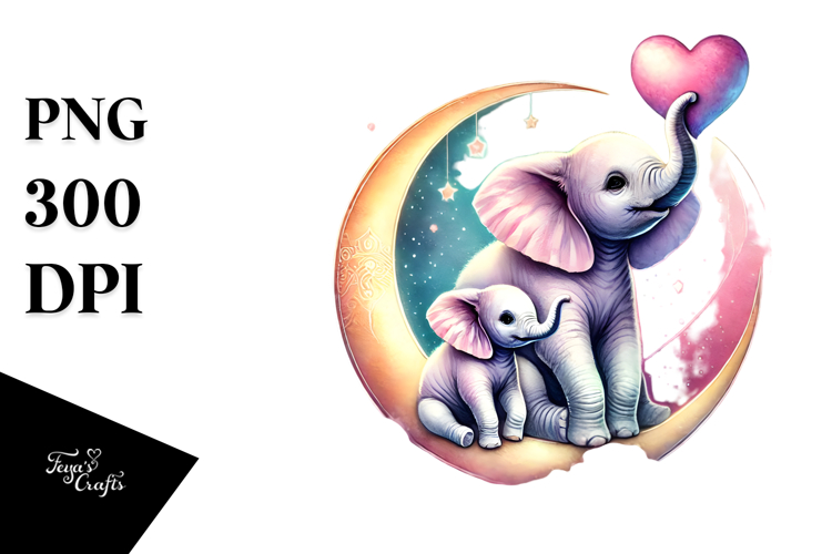 Colorful Baby Elephant on Moon PNG