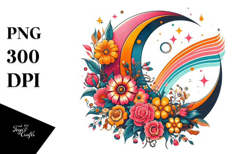 Retro Colorful Half Moon with Flowers, Transparent PNG