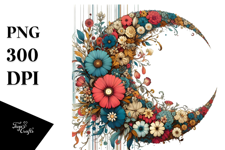 Retro Colorful Half Moon with Flowers, Transparent PNG