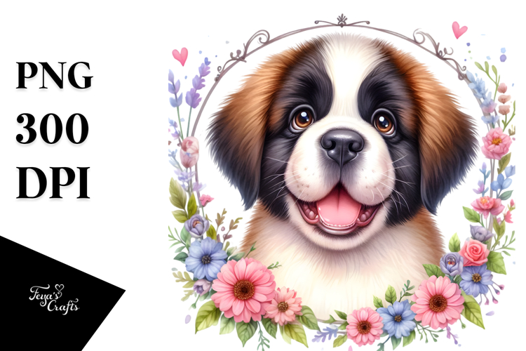 Watercolor Cute Baby Saint Bernard Floral