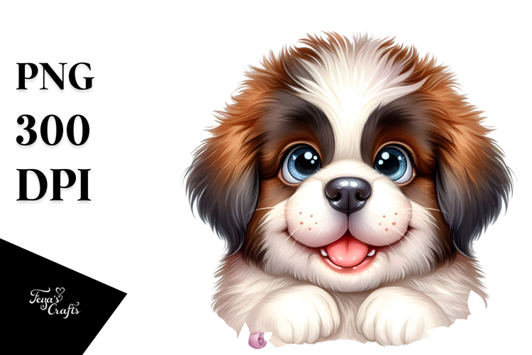 Watercolor Cute Baby Saint Bernard Floral