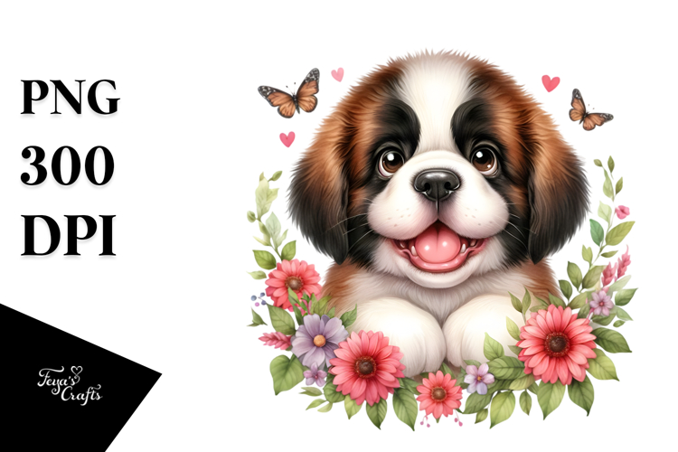 Watercolor Cute Baby Saint Bernard Floral