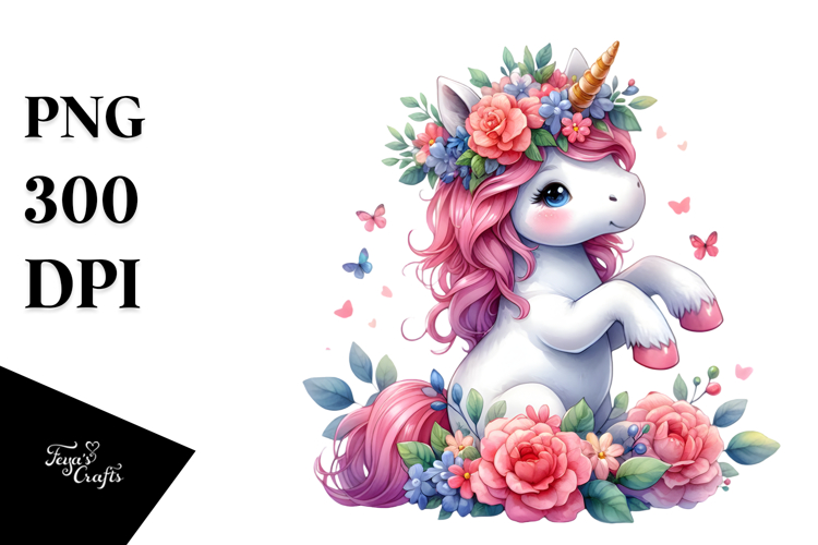 Cute Dancing Unicorn with Floral Wreath, PNG