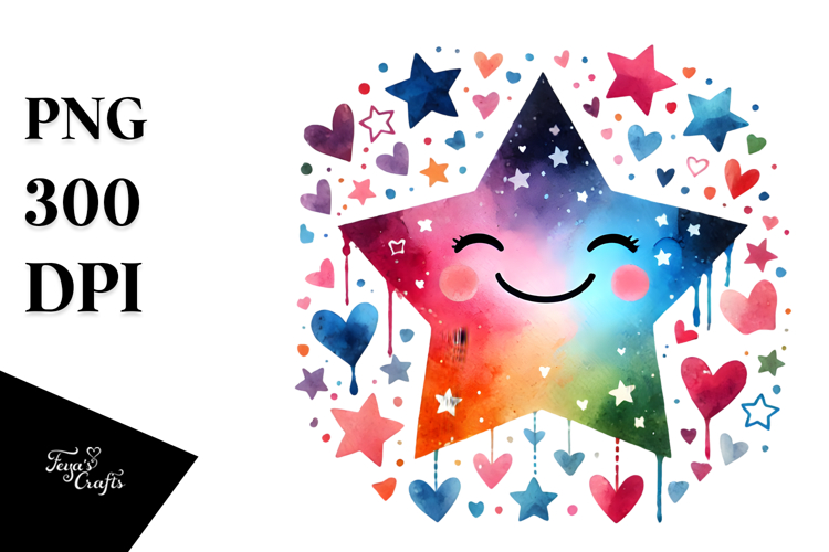 Colorful Smiling Star Watercolor PNG