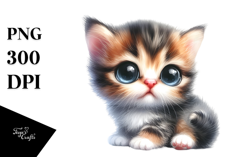 Digital Watercolor Cute A Cat Big Eyes PNG