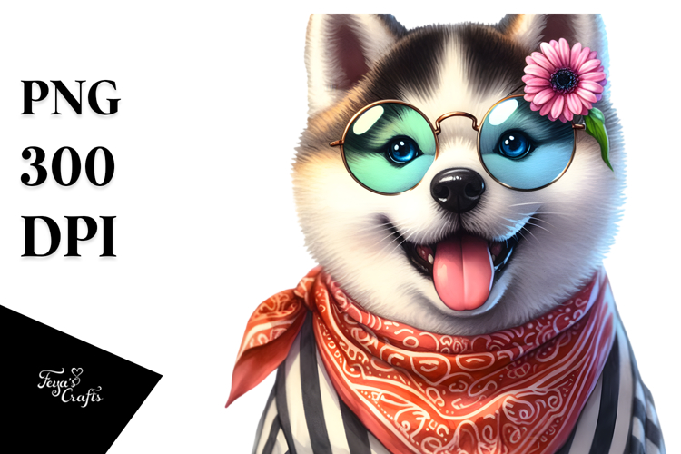 Akita Watercolor Clipart Caricature Flower