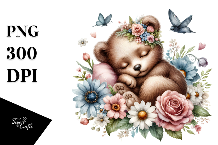 Digital Watercolor with Adorned Baby Bear on Flower