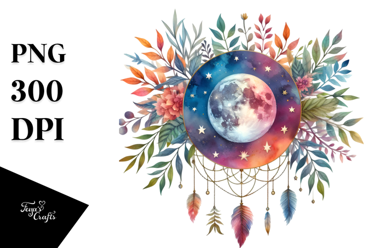 Vibrant Boho Moon Stars Foliage | Clipart