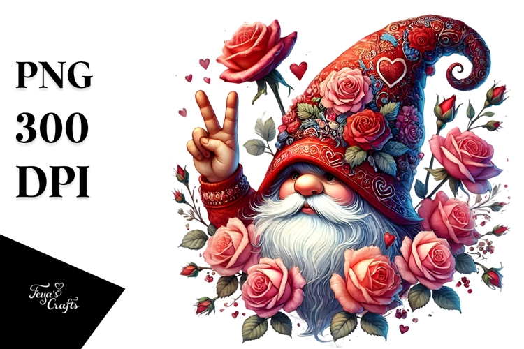 Detailed Valentine Gnome with Roses PNG
