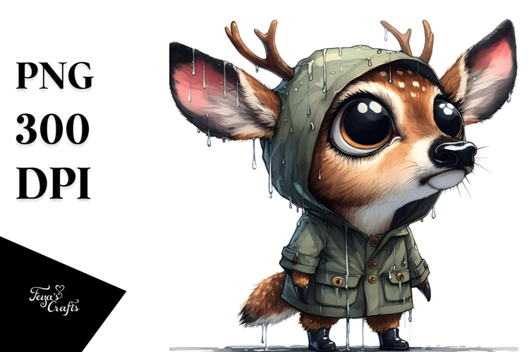 Watercolor Deer Big Eyes Standing Up in Raincoat | example image 1