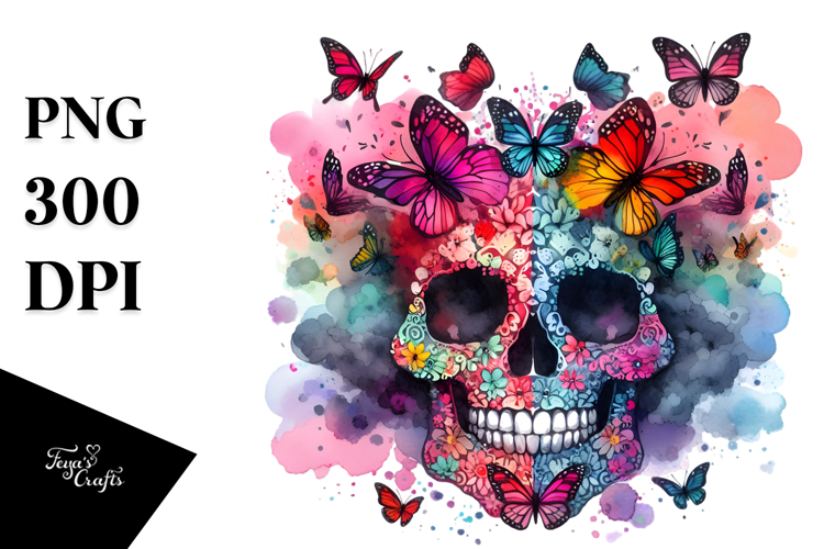 Skull with Butterfly Silhouettes PNG