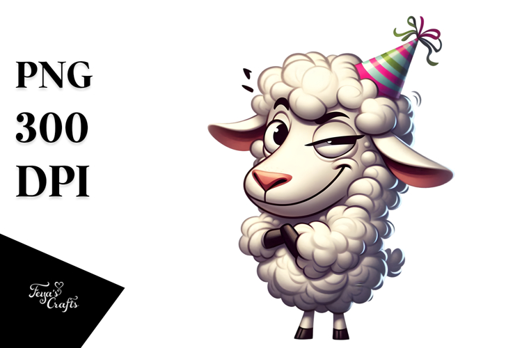 Silly Cartoon Lamb with Party Hat PNG